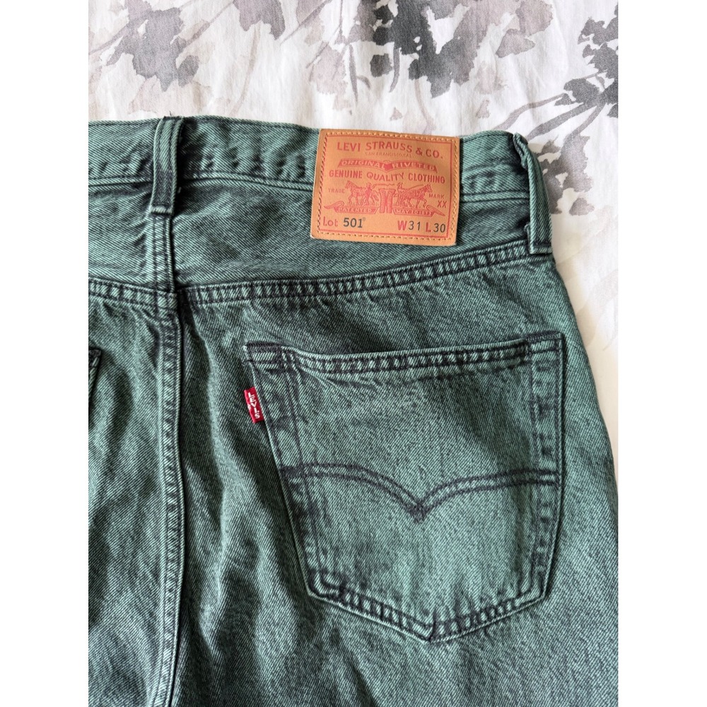 Levis Premium 501 Big E Original Fit Jeans Dark Green Acid Wash Button Fly Denim